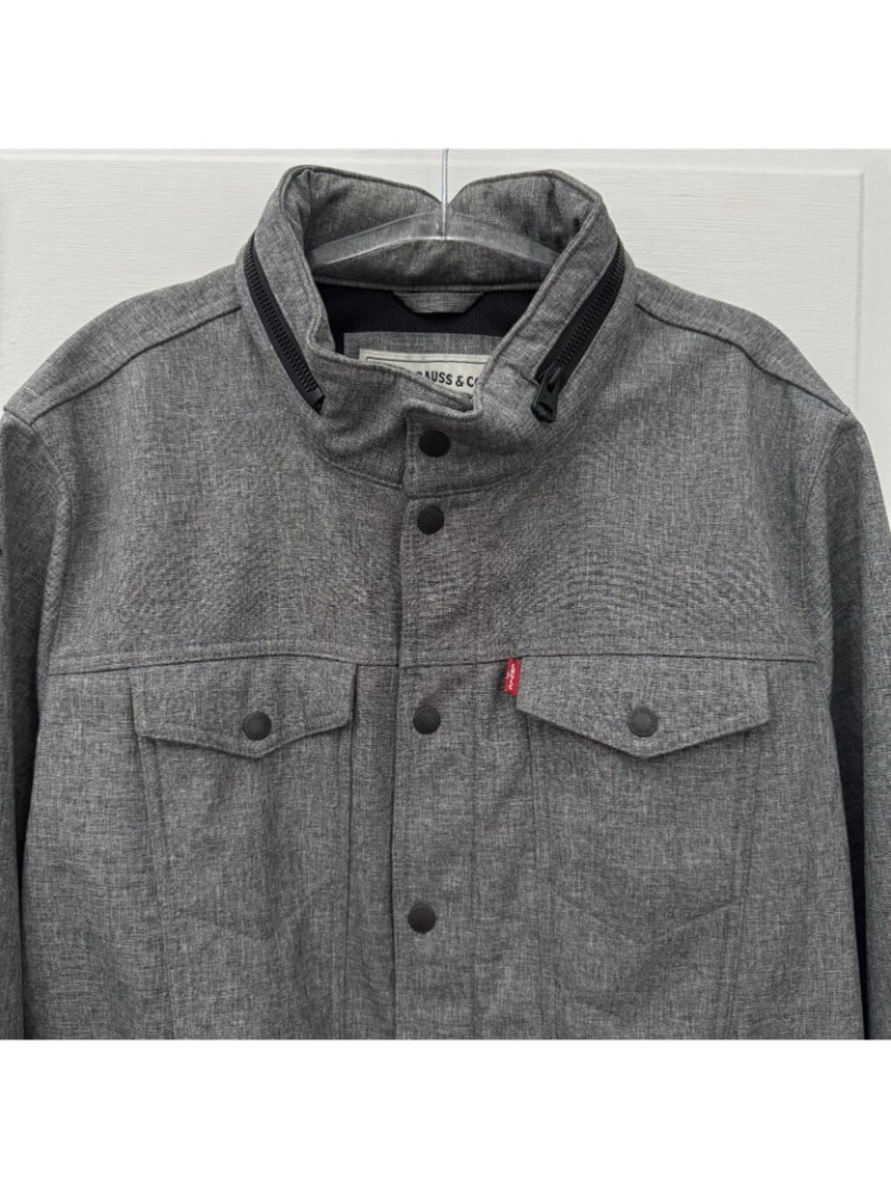 Levi’s Gray Hooded Trucker Jacket L Snap Front Fleece Lined Hidden Hood FLAW - Picture 3 of 14